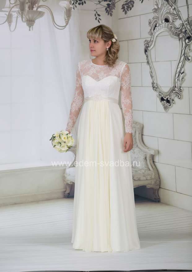 Свадебное платье  6686 креп шифон шантилье длинный рукав 1